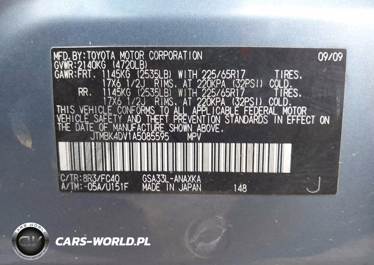2010 Toyota Rav4 Base V6 VIN:JTMBK4DV1A5085595 - 9