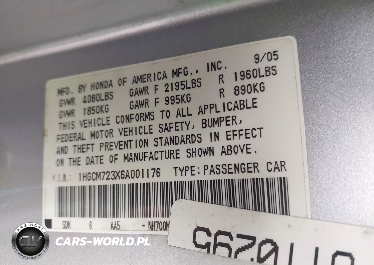 2006 Honda Accord 2.4 Lx VIN:1HGCM723X6A001176 - 9