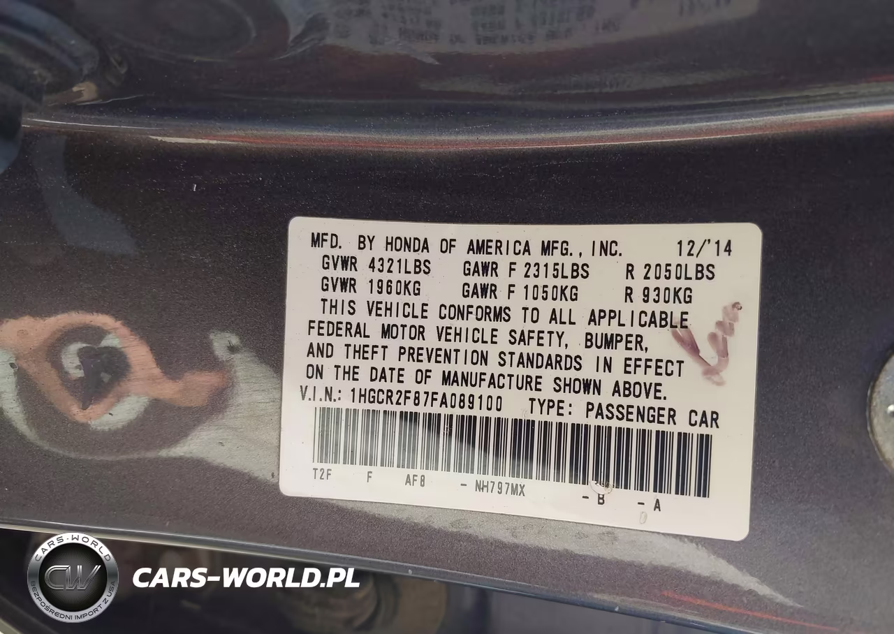 2015 Honda Accord Ex-L VIN:1HGCR2F87FA089100 - 9