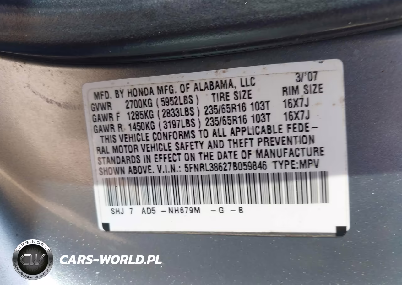 2007 Honda Odyssey Ex-L VIN:5FNRL38627B059846 - 9