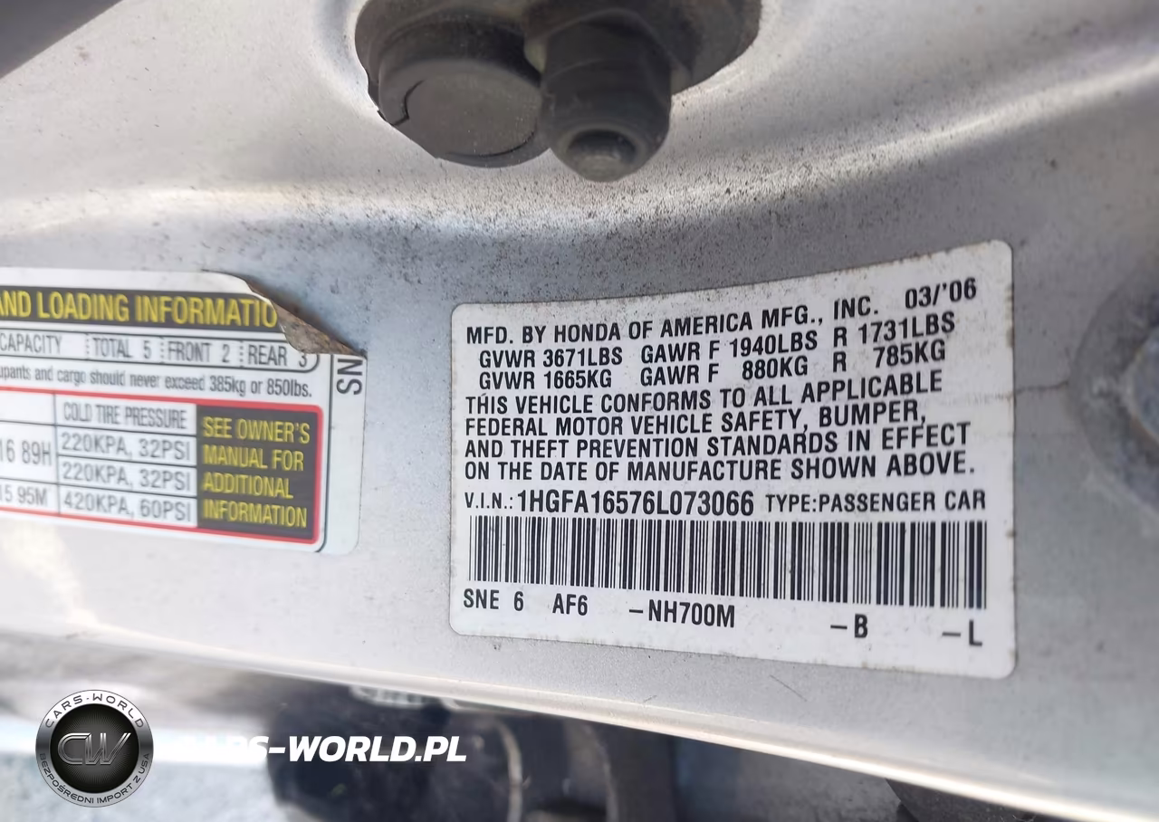 2006 Honda Civic Lx VIN:1HGFA16576L073066 - 9