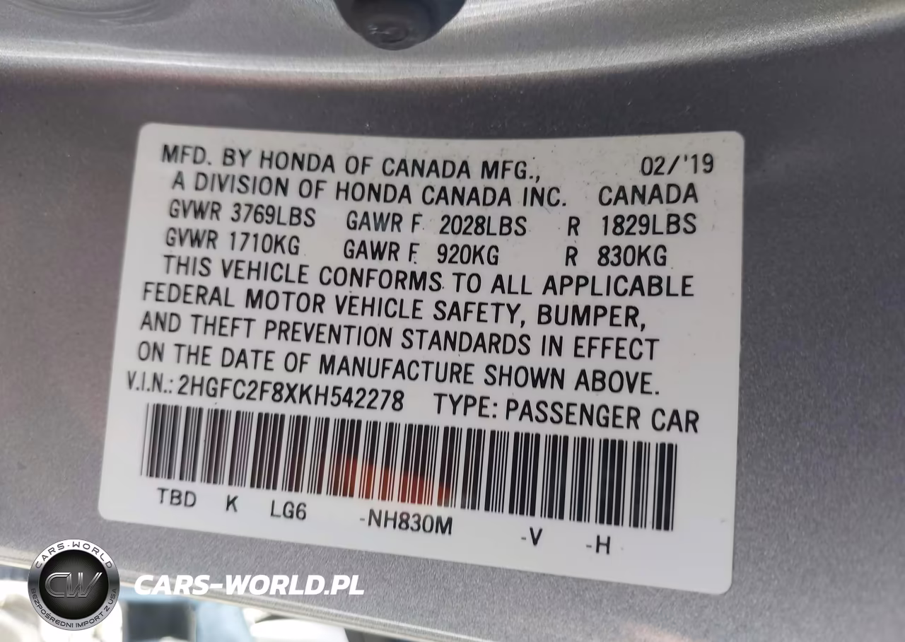 2019 Honda Civic Sport VIN:2HGFC2F8XKH542278 - 9