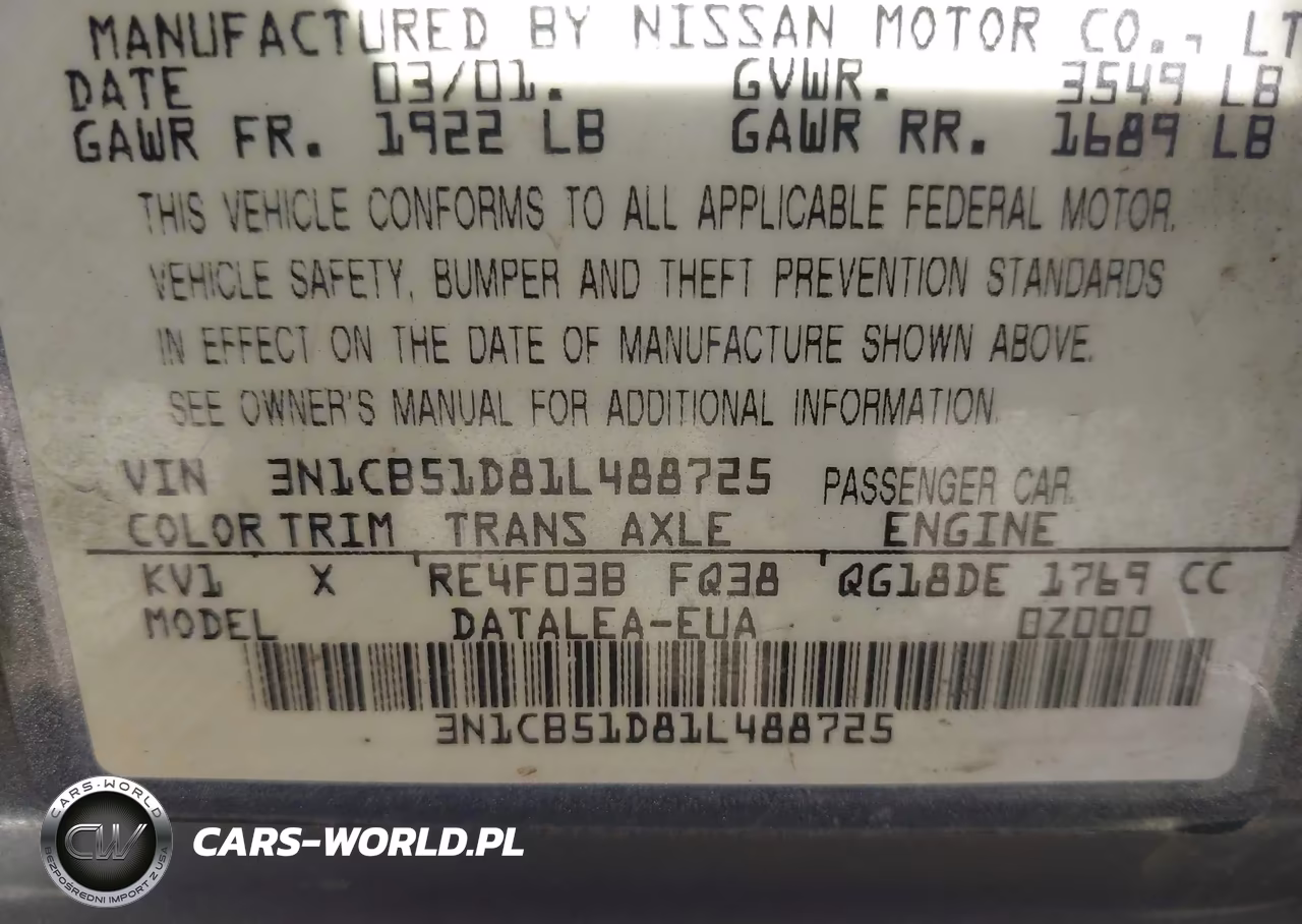 2001 Nissan Sentra Gxe VIN:3N1CB51D81L488725 - 9