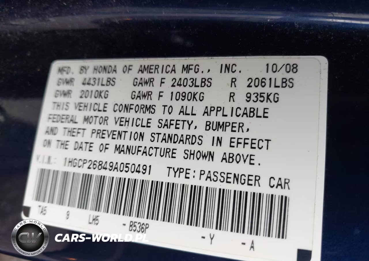 2009 Honda Accord 2.4 Ex-L VIN:1HGCP26849A050491 - 9