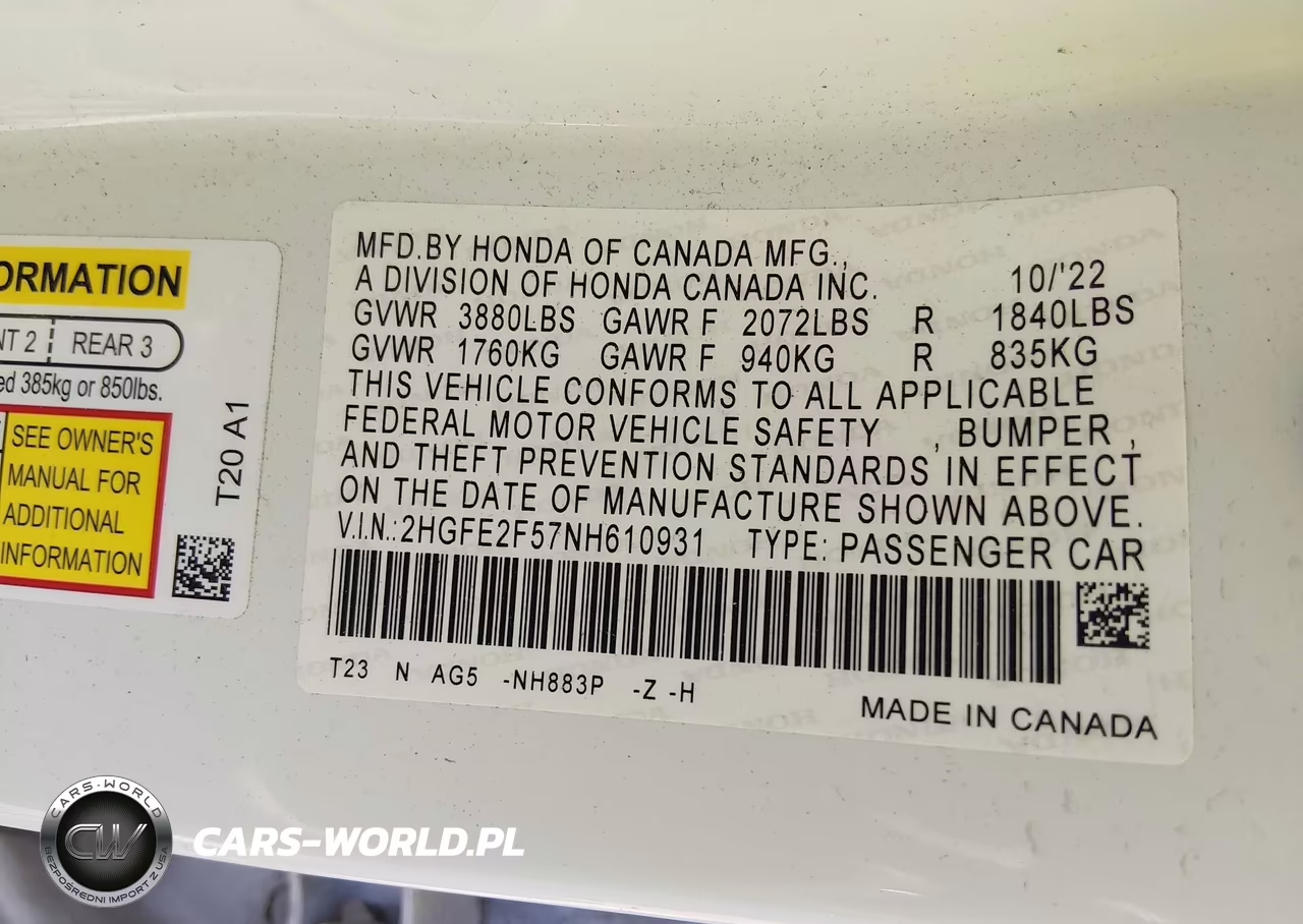 2022 Honda Civic Sport VIN:2HGFE2F57NH610931 - 9