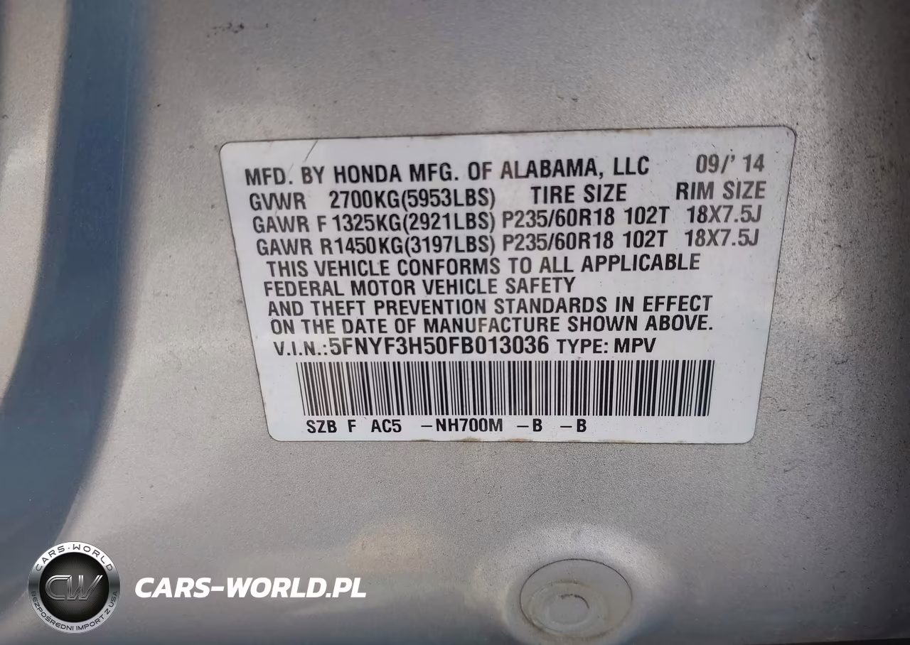 2015 Honda Pilot Ex-L VIN:5FNYF3H50FB013036 - 9