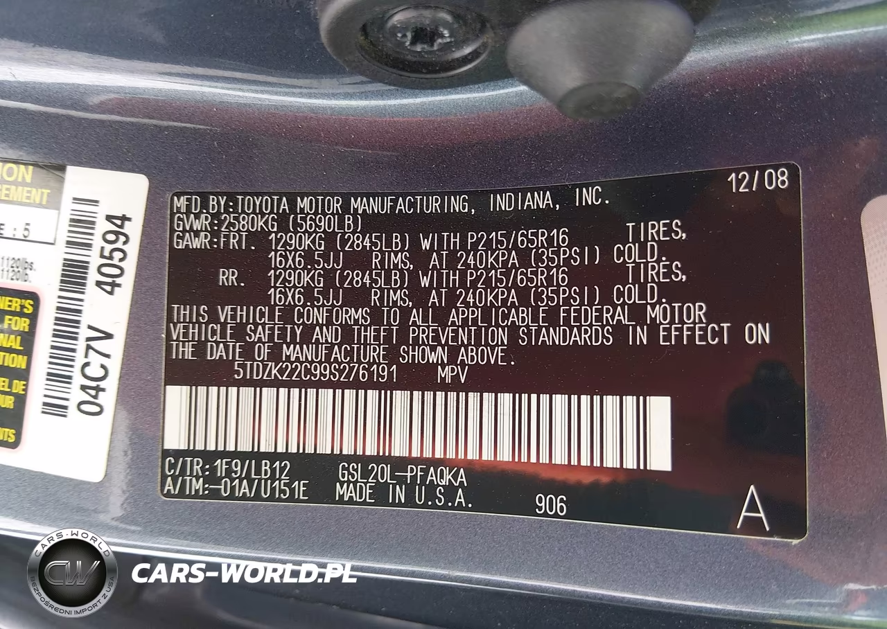 2009 Toyota Sienna Xle VIN:5TDZK22C99S276191 - 9