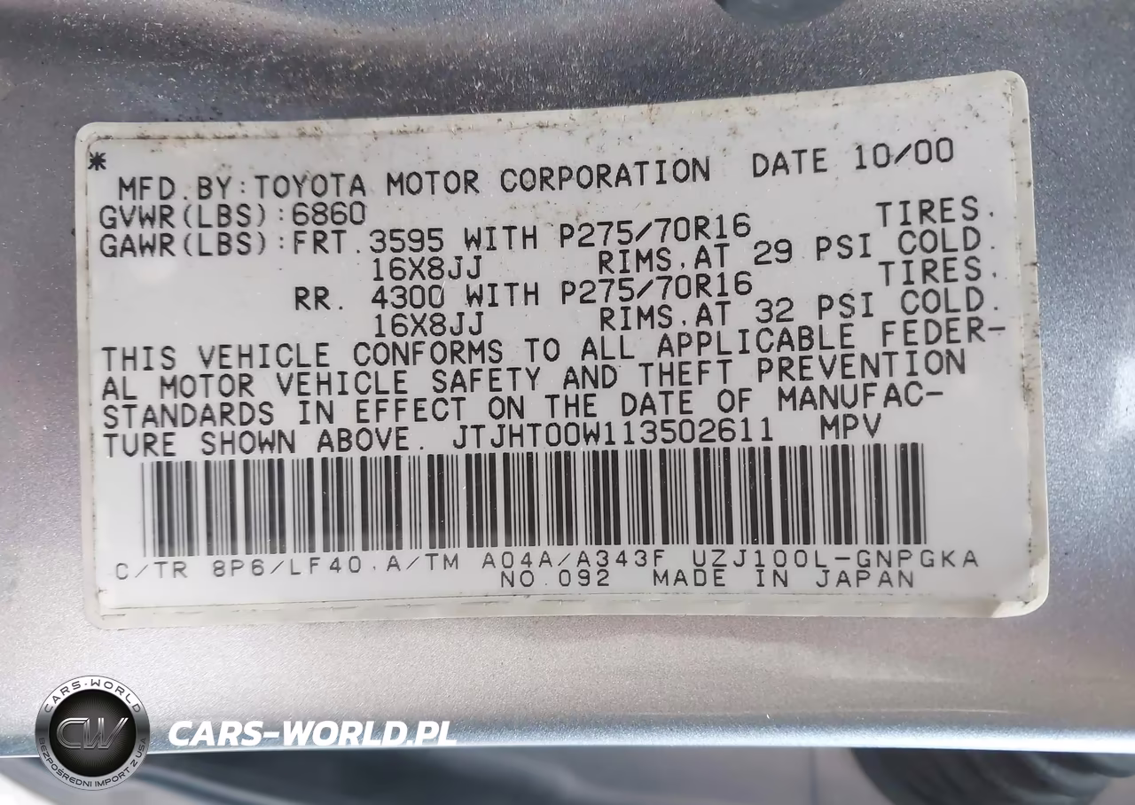 2001 Lexus Lx 470 VIN:JTJHT00W113502611 - 9
