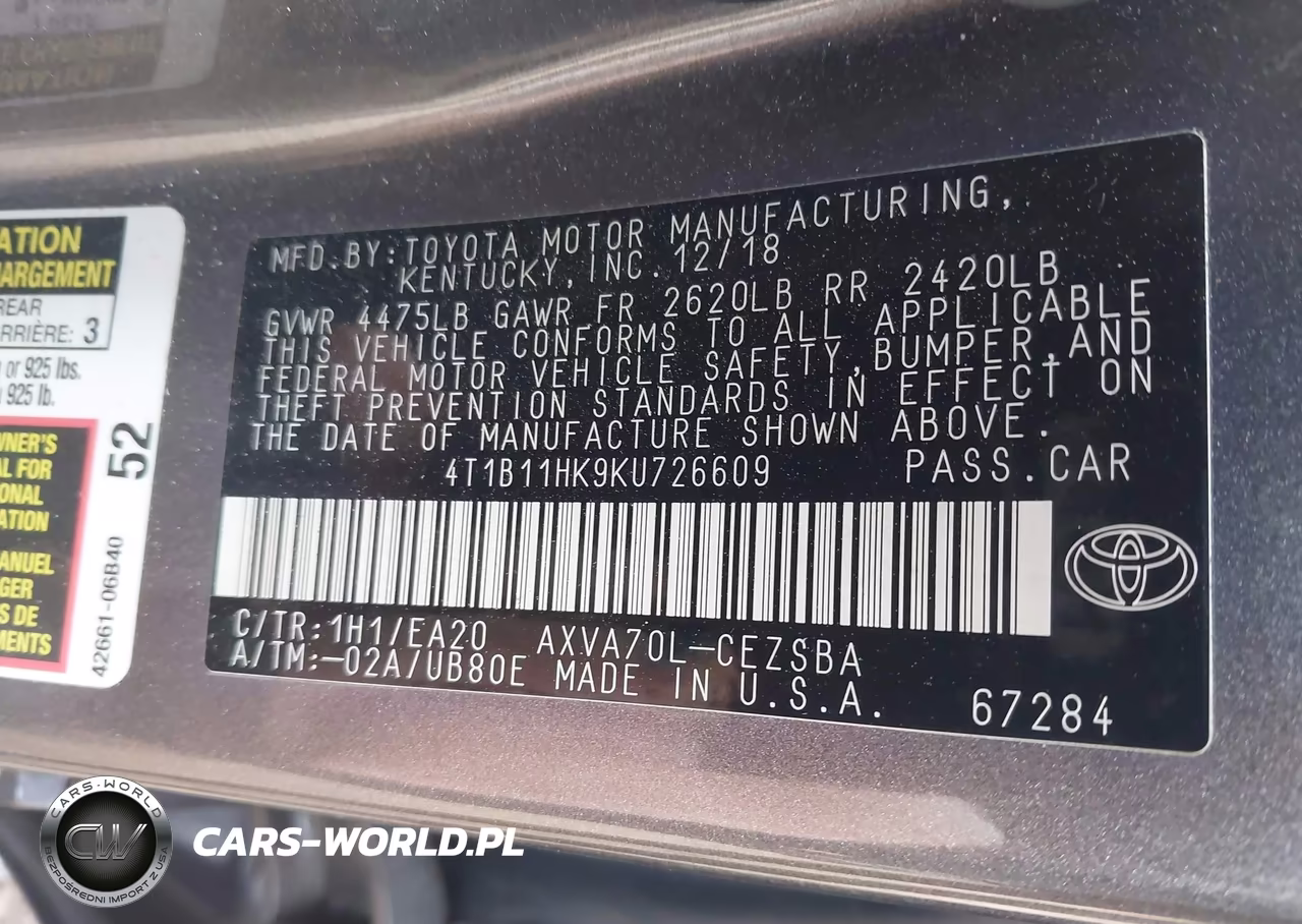 2019 Toyota Camry Se VIN:4T1B11HK9KU726609 - 9
