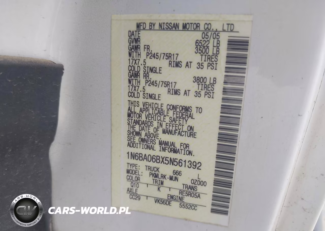 2005 Nissan Titan Xe VIN:1N6BA06BX5N561392 - 9