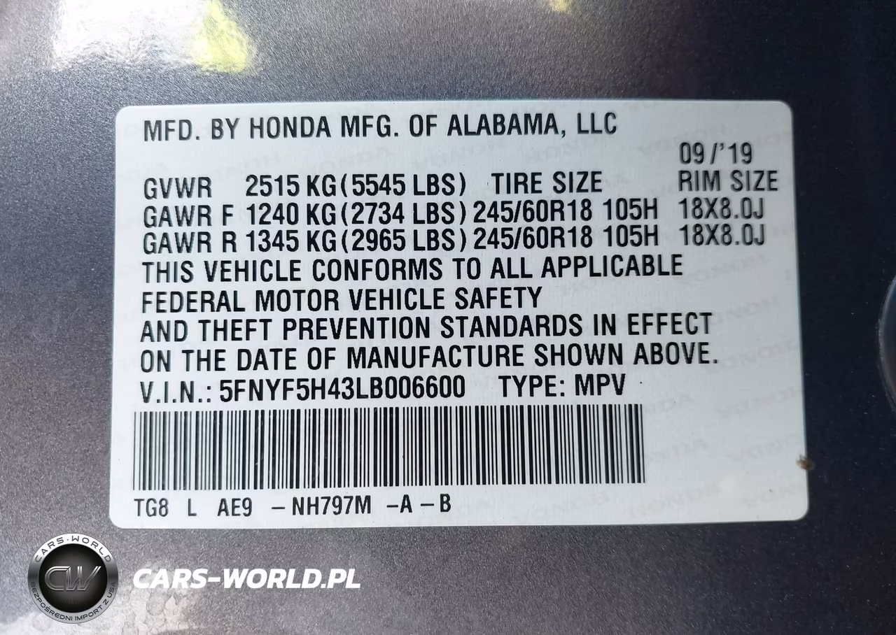 2020 Honda Pilot 2Wd Ex-L W-Navi VIN:5FNYF5H43LB006600 - 9