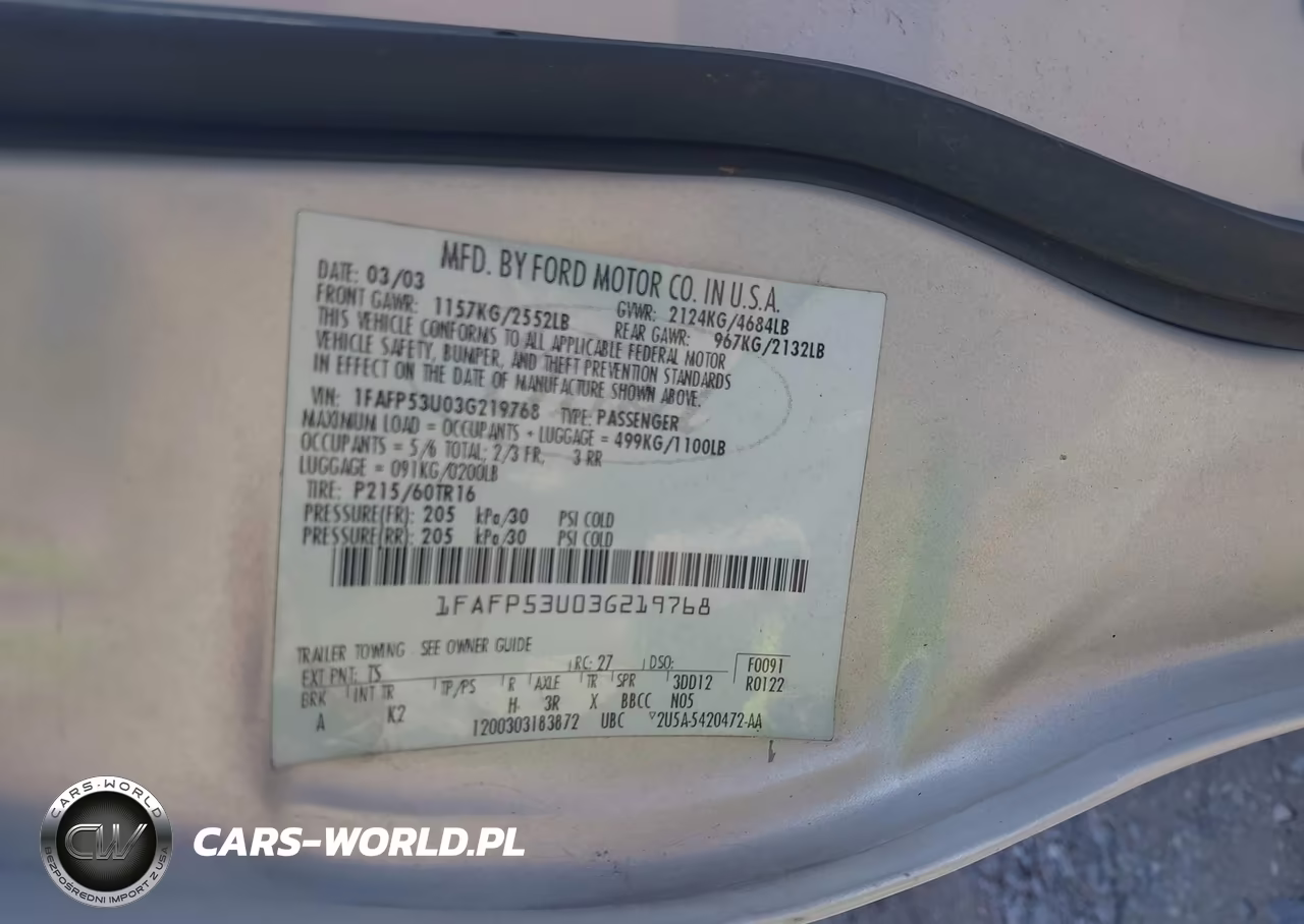 2003 Ford Taurus Se VIN:1FAFP53U03G219768 - 9