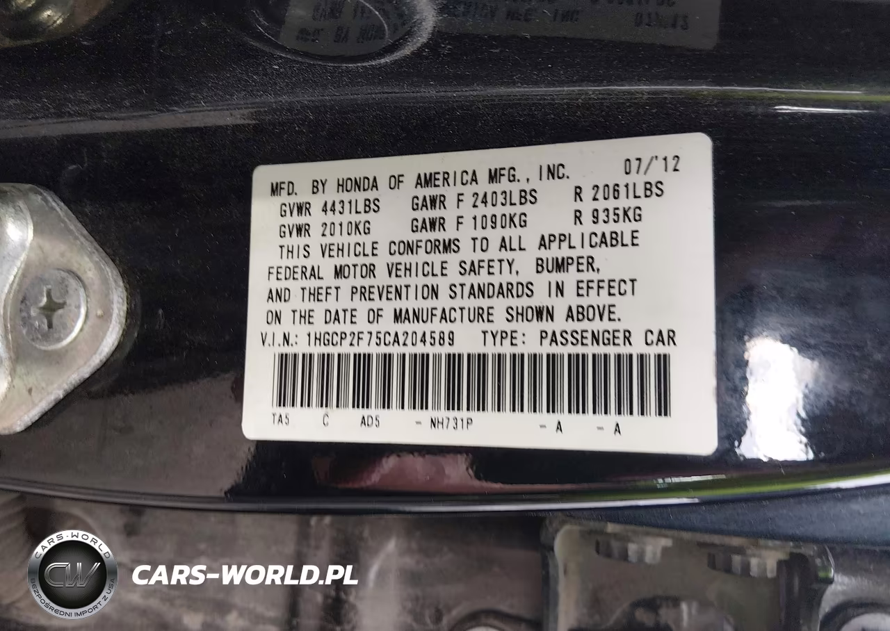 2012 Honda Accord 2.4 Ex VIN:1HGCP2F75CA204589 - 9
