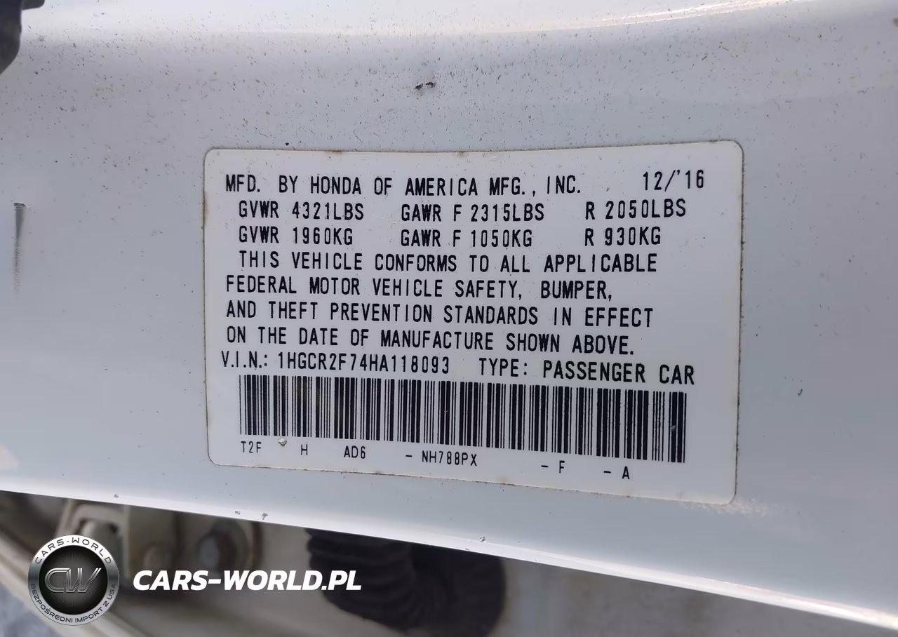2017 Honda Accord Ex VIN:1HGCR2F74HA118093 - 9