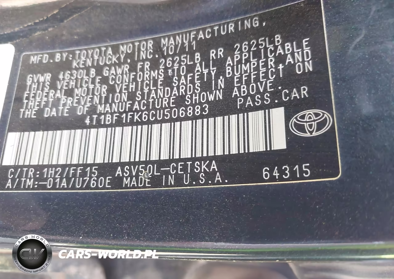 2012 Toyota Camry Se VIN:4T1BF1FK6CU506883 - 9