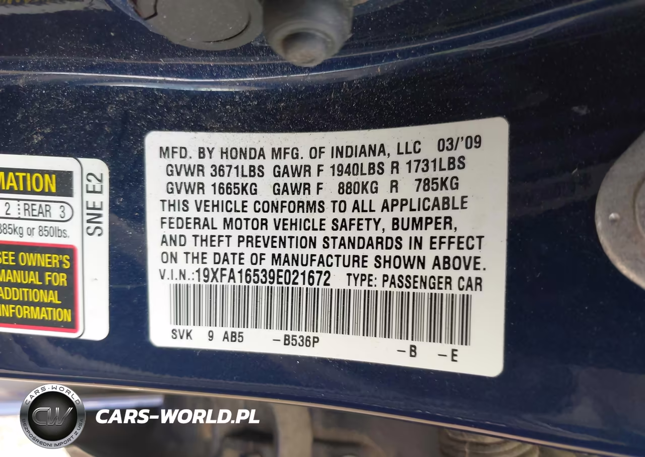 2009 Honda Civic Lx VIN:19XFA16539E021672 - 9