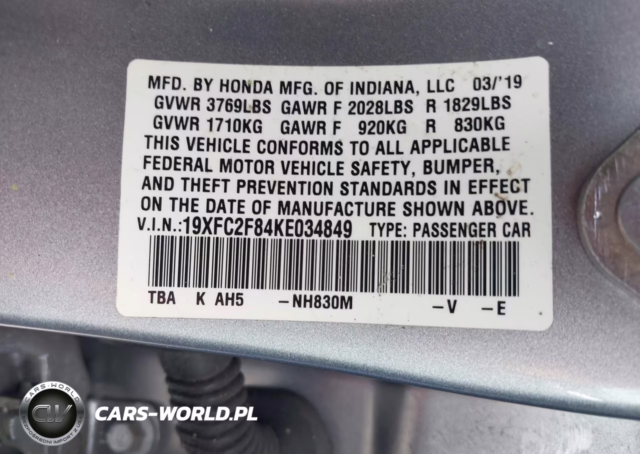 2019 Honda Civic Sport VIN:19XFC2F84KE034849 - 9