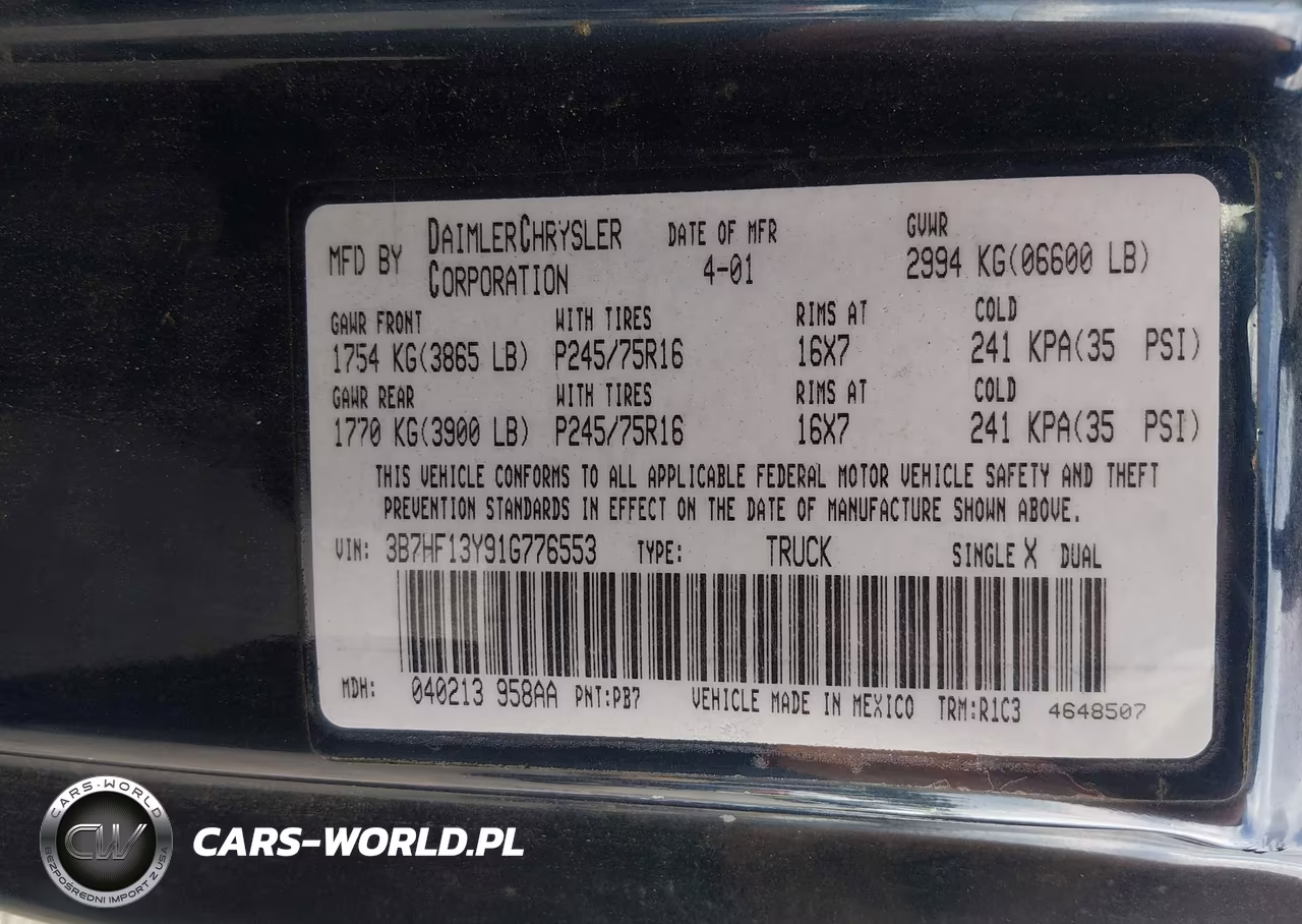 2001 Dodge Ram 1500 St VIN:3B7HF13Y91G776553 - 9