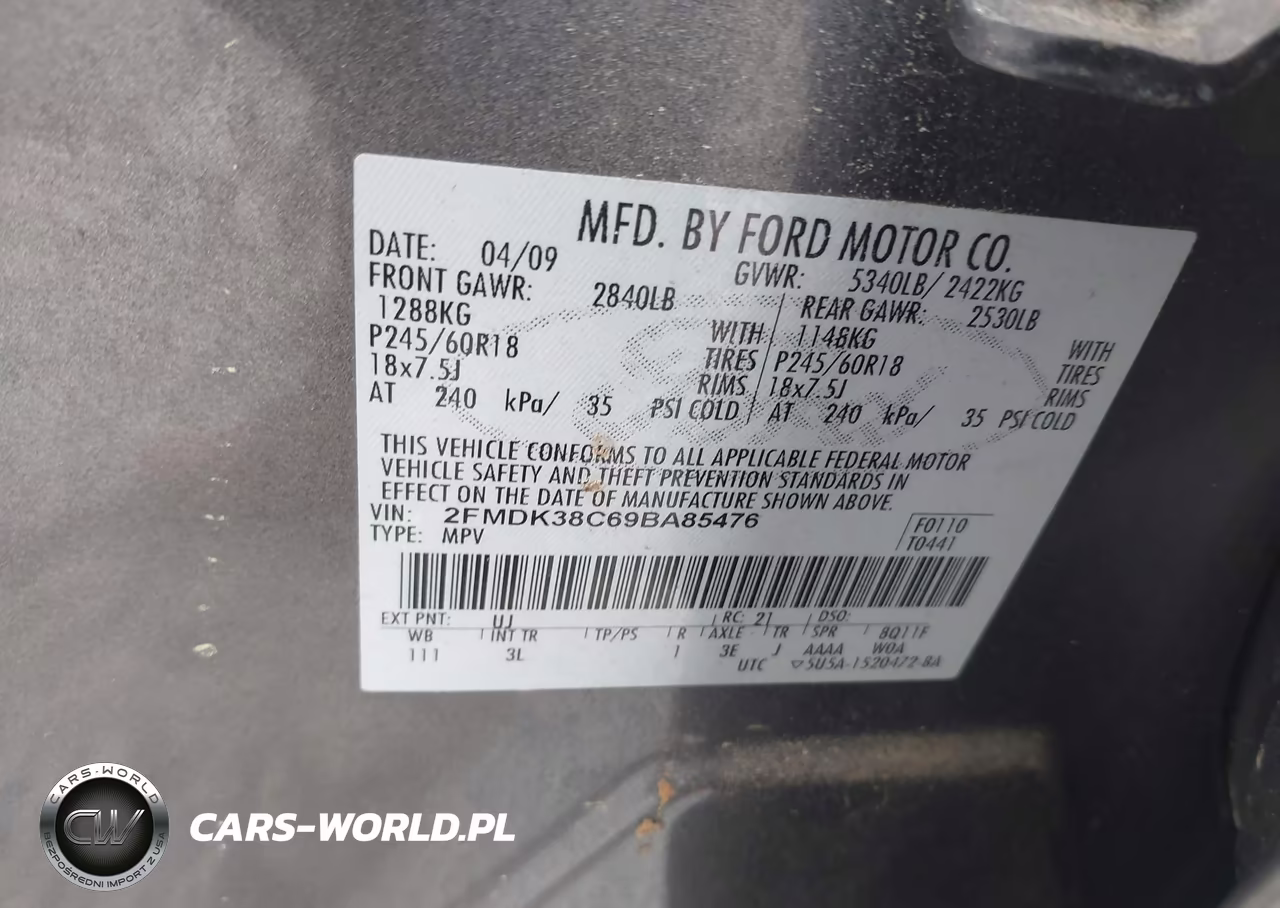 2009 Ford Edge Sel VIN:2FMDK38C69BA85476 - 9