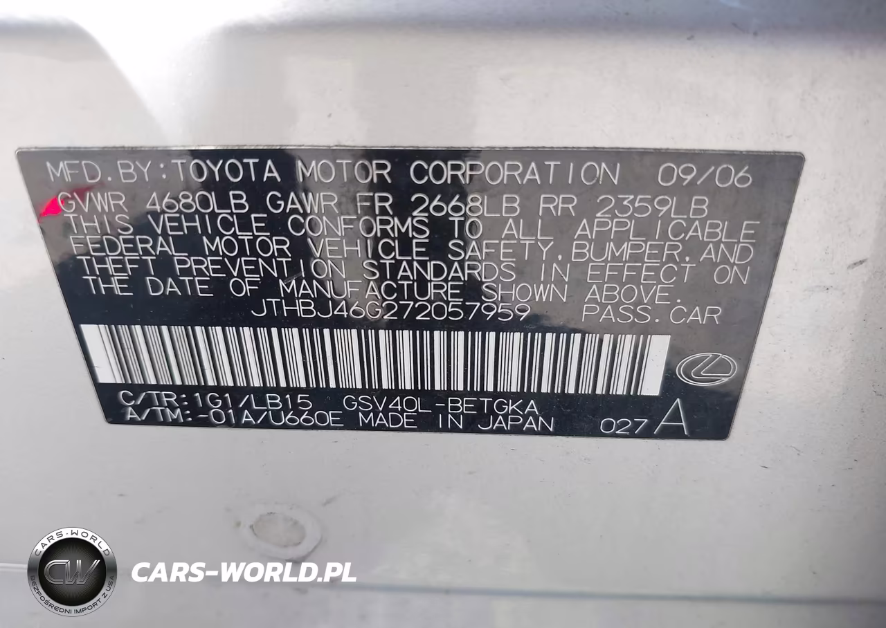 2007 Lexus Es 350 VIN:JTHBJ46G272057959 - 9