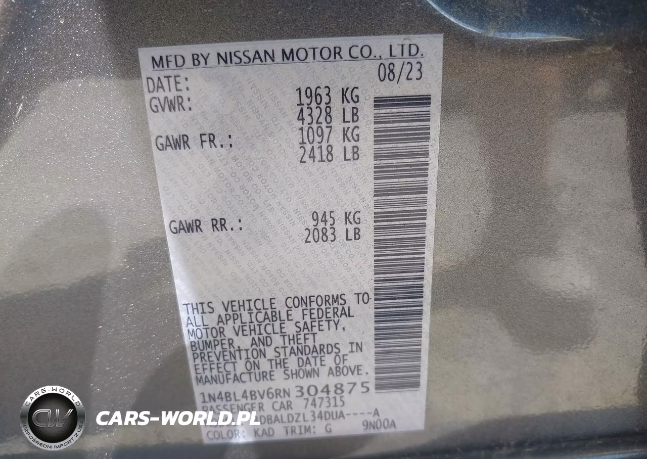 2024 Nissan Altima S Fwd VIN:1N4BL4BV6RN304875 - 9