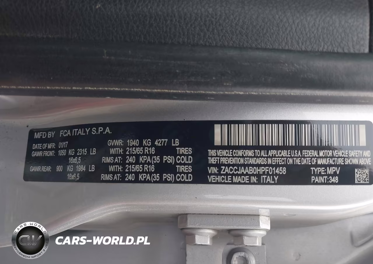 2017 Jeep Renegade Sport Fwd VIN:ZACCJAAB0HPF01458 - 9