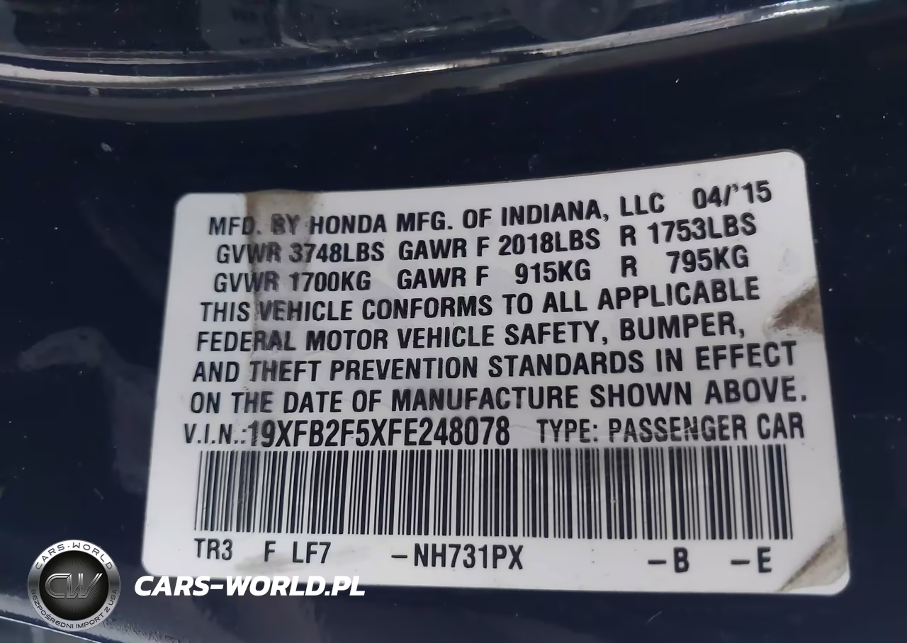 2015 Honda Civic Lx VIN:19XFB2F5XFE248078 - 9