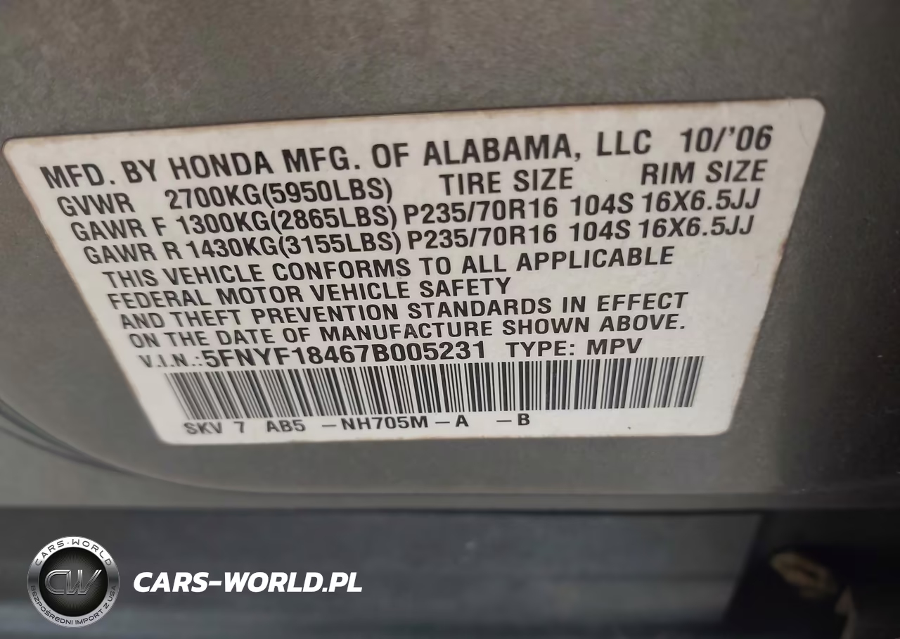 2007 Honda Pilot Ex VIN:5FNYF18467B005231 - 9