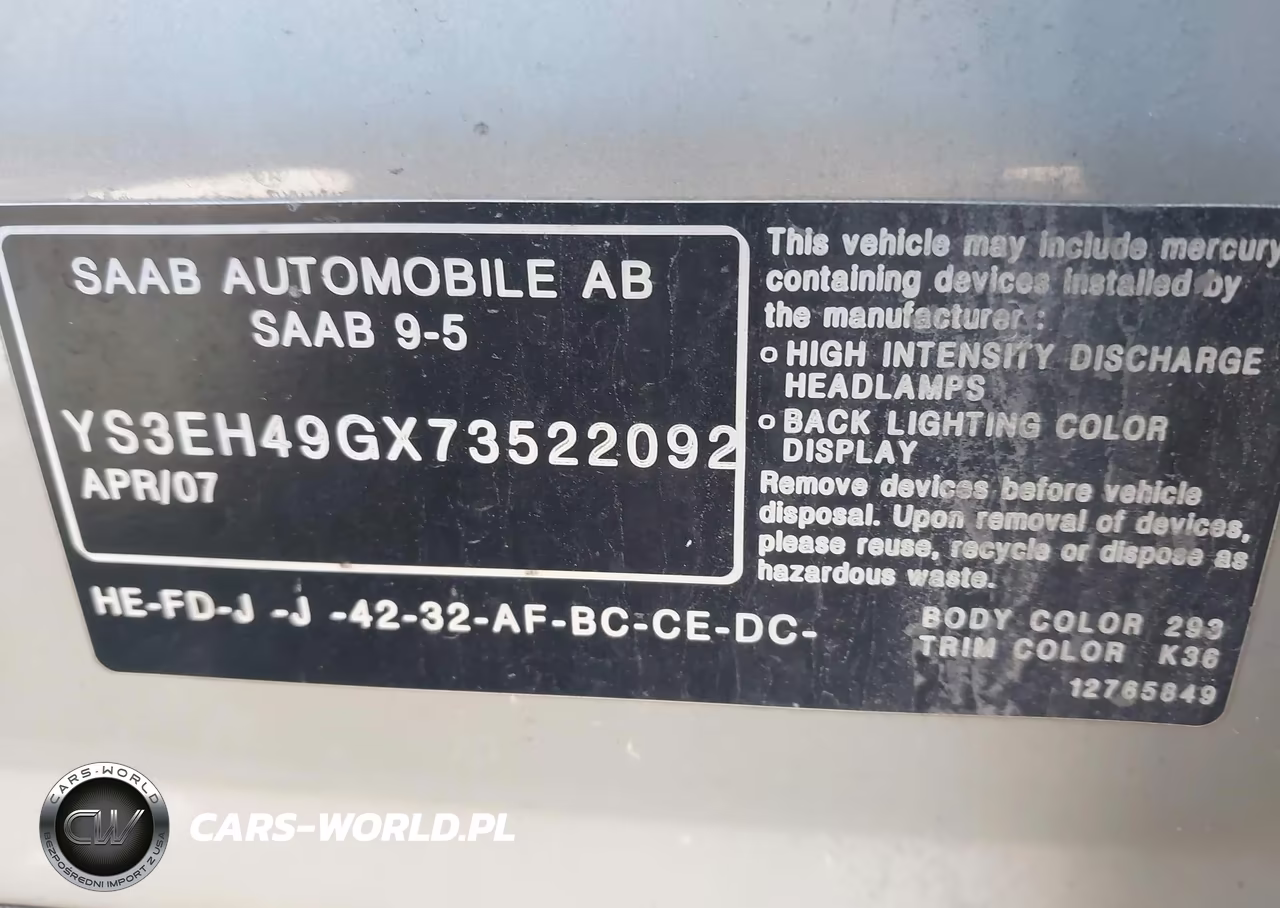 2007 Saab 9-5 2.3T W-Aero Package VIN:YS3EH49GX73522092 - 9