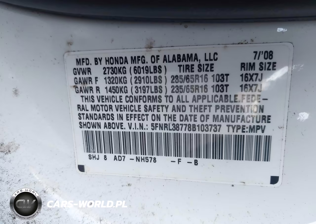 2008 Honda Odyssey Ex-L VIN:5FNRL38778B103737 - 9