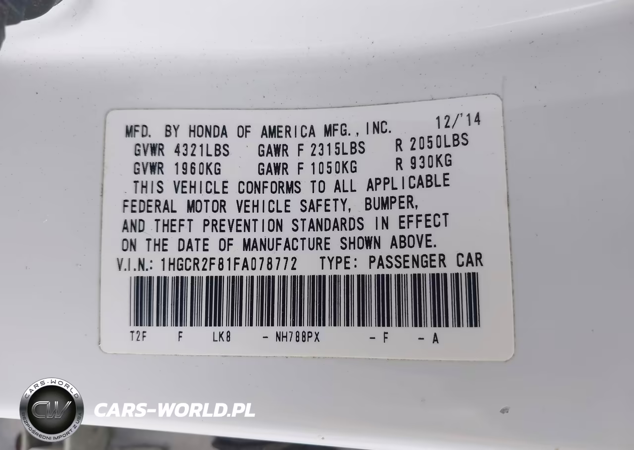 2015 Honda Accord Ex-L VIN:1HGCR2F81FA078772 - 9