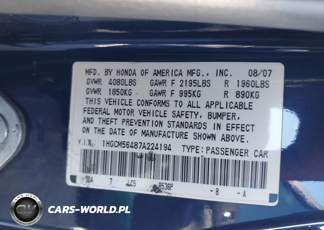 2007 Honda Accord 2.4 Lx VIN:1HGCM56487A224194 - 9