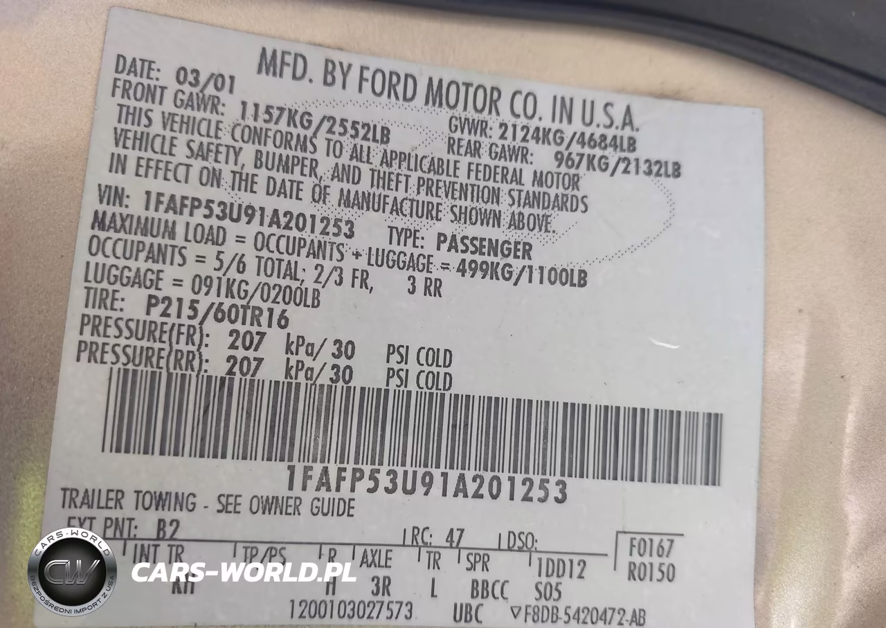 2001 Ford Taurus Se VIN:1FAFP53U91A201253 - 9