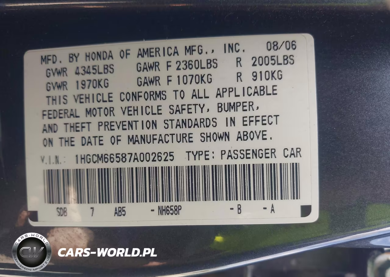 2007 Honda Accord 3.0 Ex VIN:1HGCM66587A002625 - 9