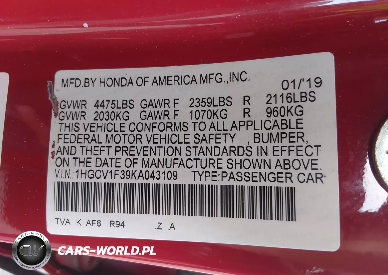 2019 Honda Accord Sport VIN:1HGCV1F39KA043109 - 9