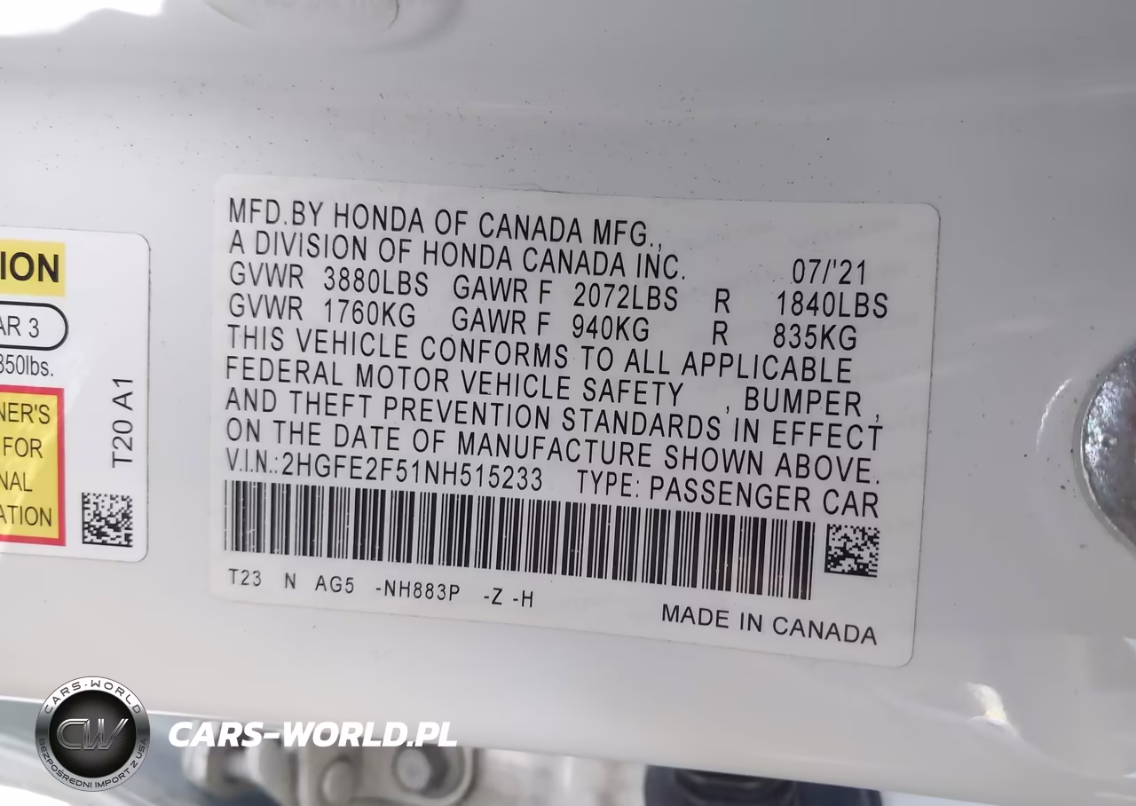 2022 Honda Civic Sport VIN:2HGFE2F51NH515233 - 9