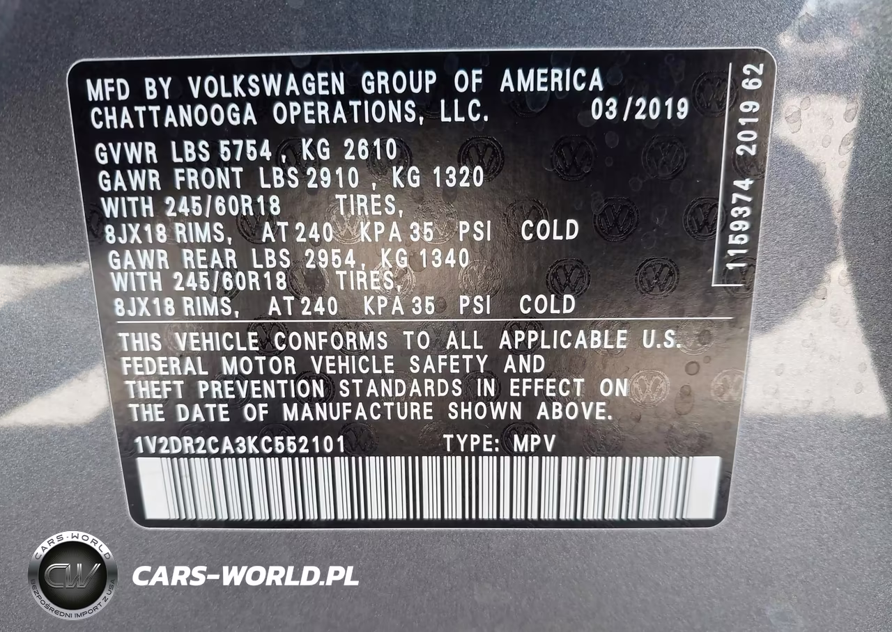 2019 Volkswagen Atlas 3.6L V6 Se VIN:1V2DR2CA3KC552101 - 9