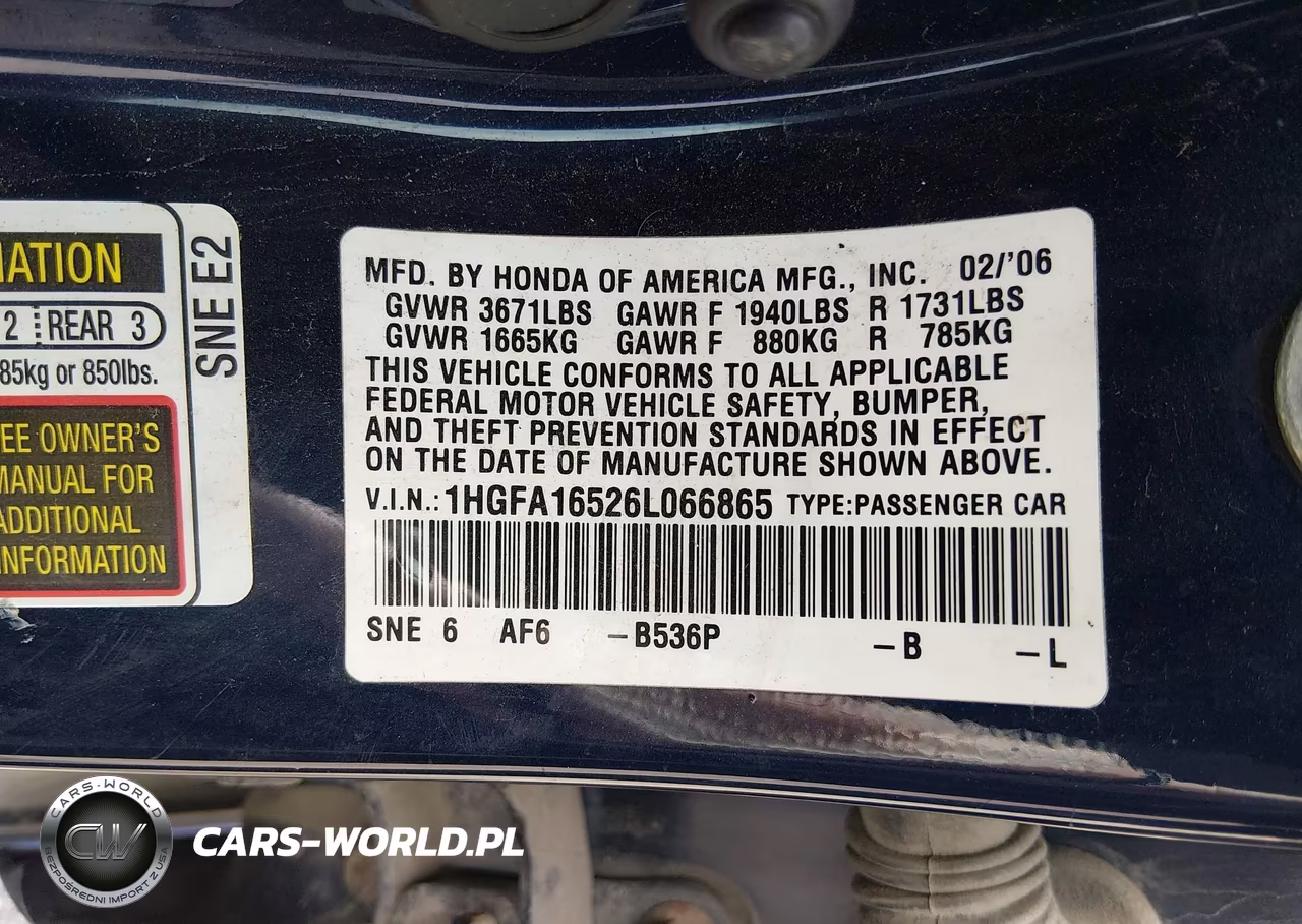 2006 Honda Civic Lx VIN:1HGFA16526L066865 - 9