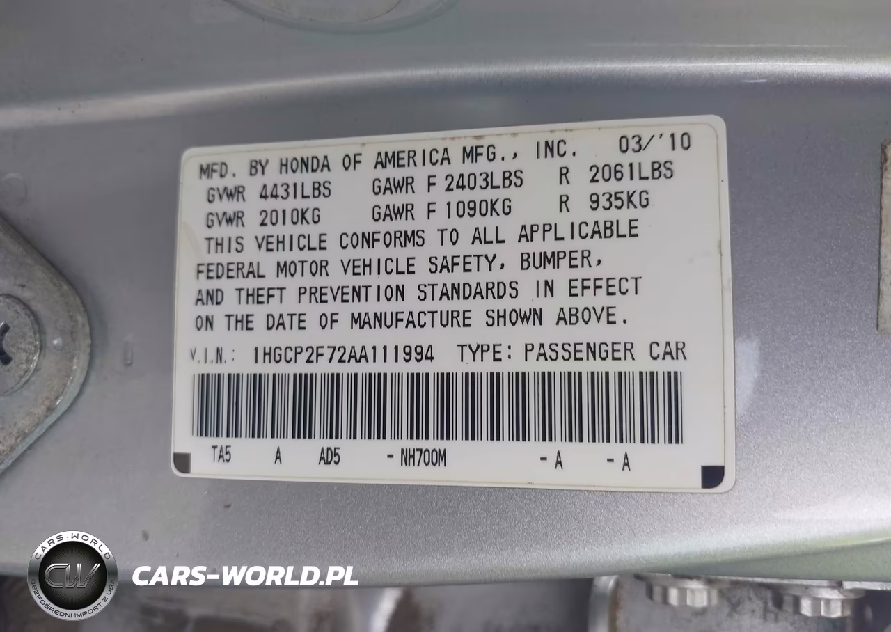 2010 Honda Accord 2.4 Ex VIN:1HGCP2F72AA111994 - 9