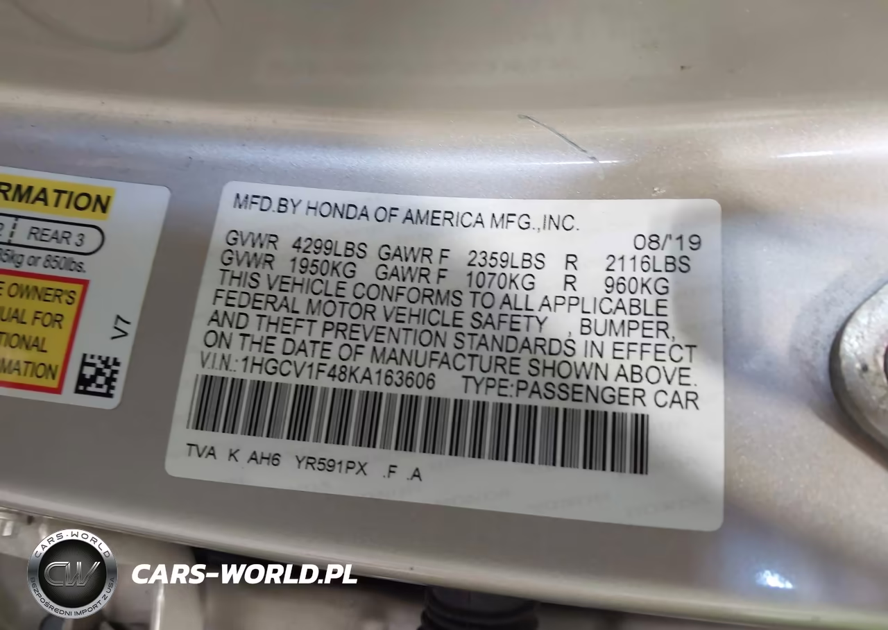 2019 Honda Accord Ex VIN:1HGCV1F48KA163606 - 9
