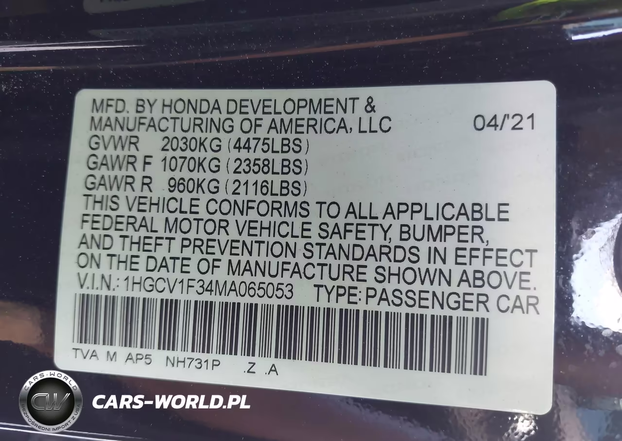 2021 Honda Accord Sport VIN:1HGCV1F34MA065053 - 9