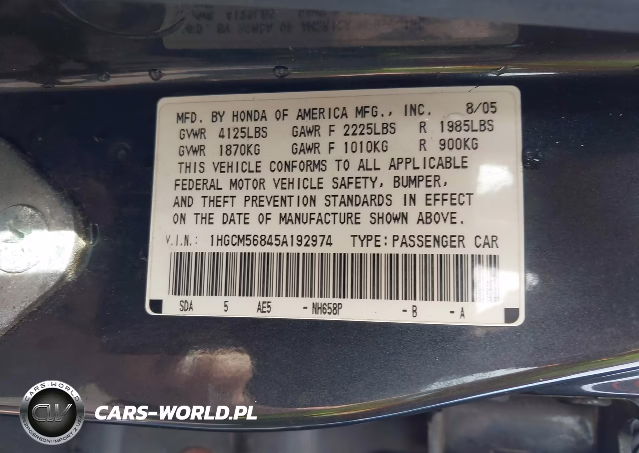 2005 Honda Accord 2.4 Ex VIN:1HGCM56845A192974 - 9