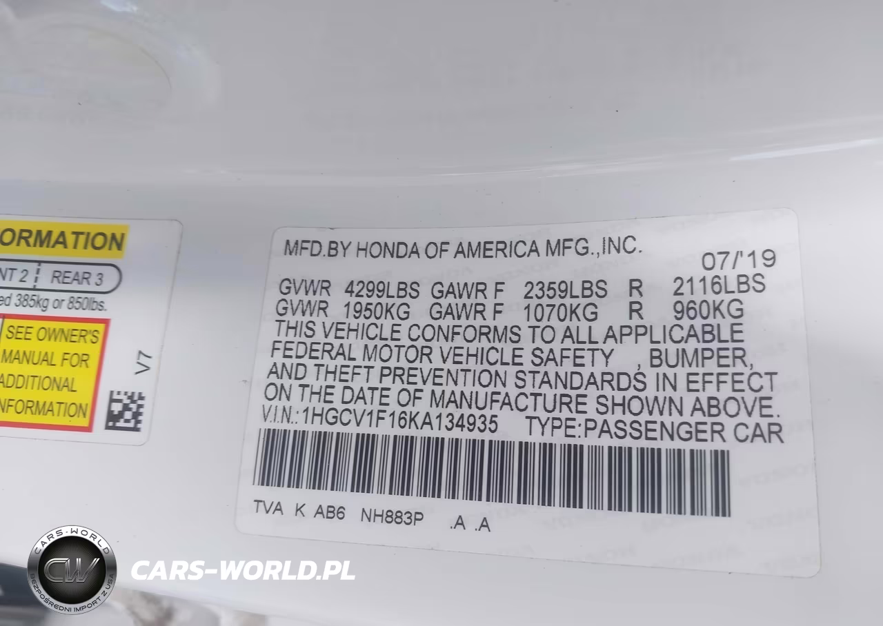 2019 Honda Accord Lx VIN:1HGCV1F16KA134935 - 9
