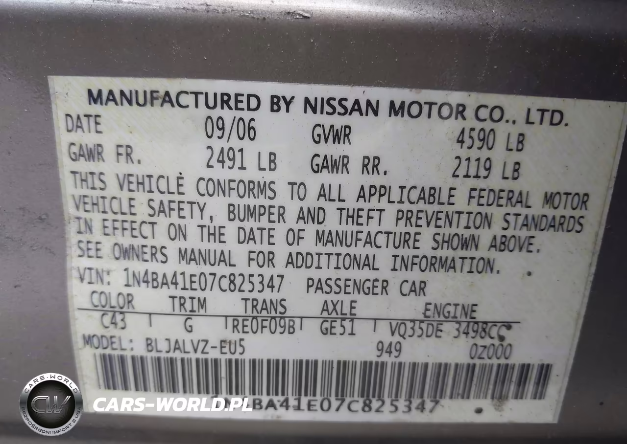 2007 Nissan Maxima 3.5 Se VIN:1N4BA41E07C825347 - 9
