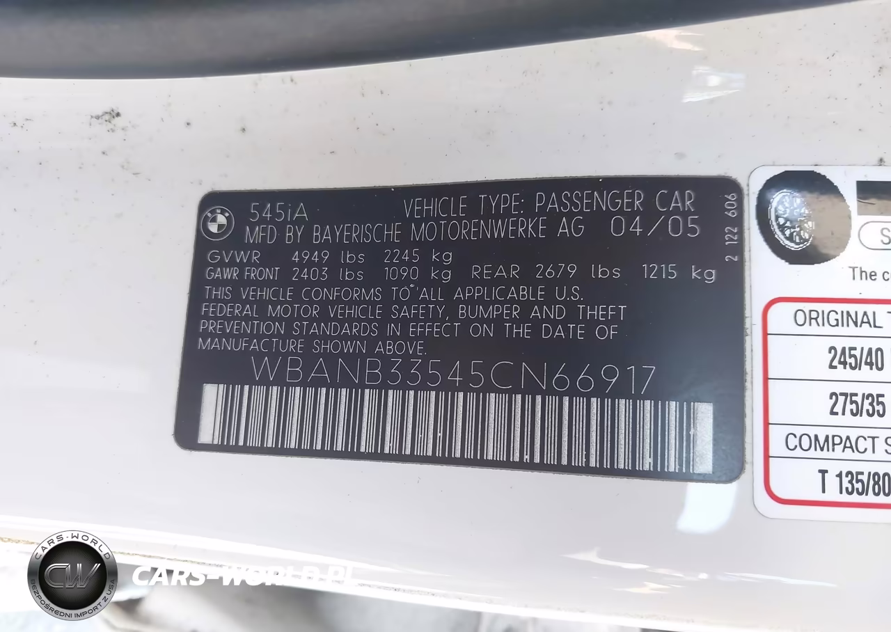 2005 BMW 545I VIN:WBANB33545CN66917 - 9