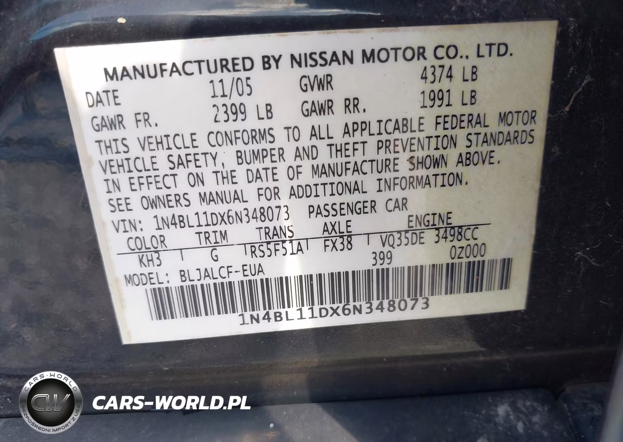 2006 Nissan Altima 3.5 Se VIN:1N4BL11DX6N348073 - 9