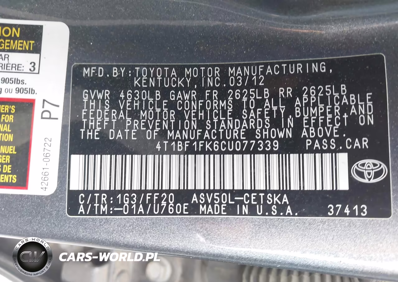 2012 Toyota Camry Se VIN:4T1BF1FK6CU077339 - 9