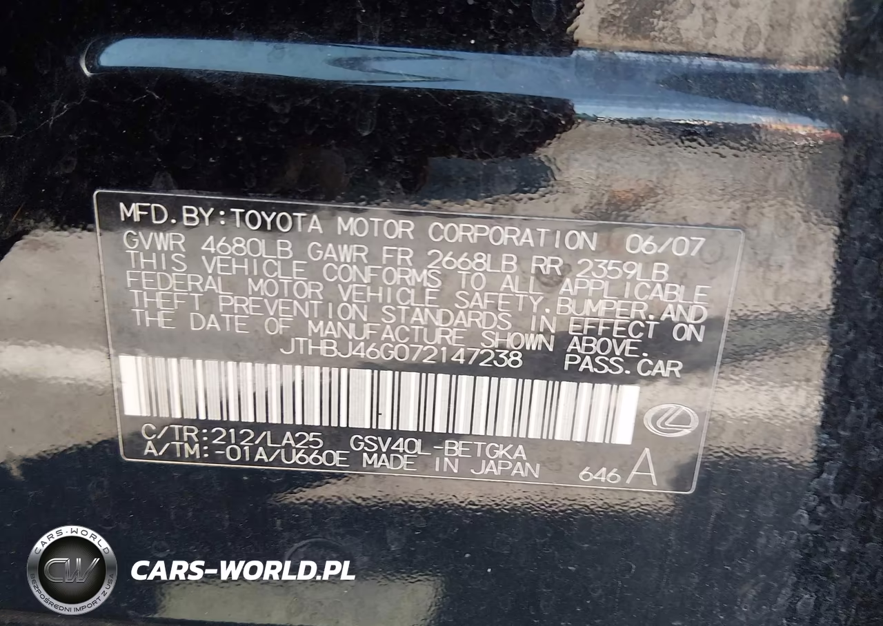 2007 Lexus Es 350 VIN:JTHBJ46G072147238 - 9