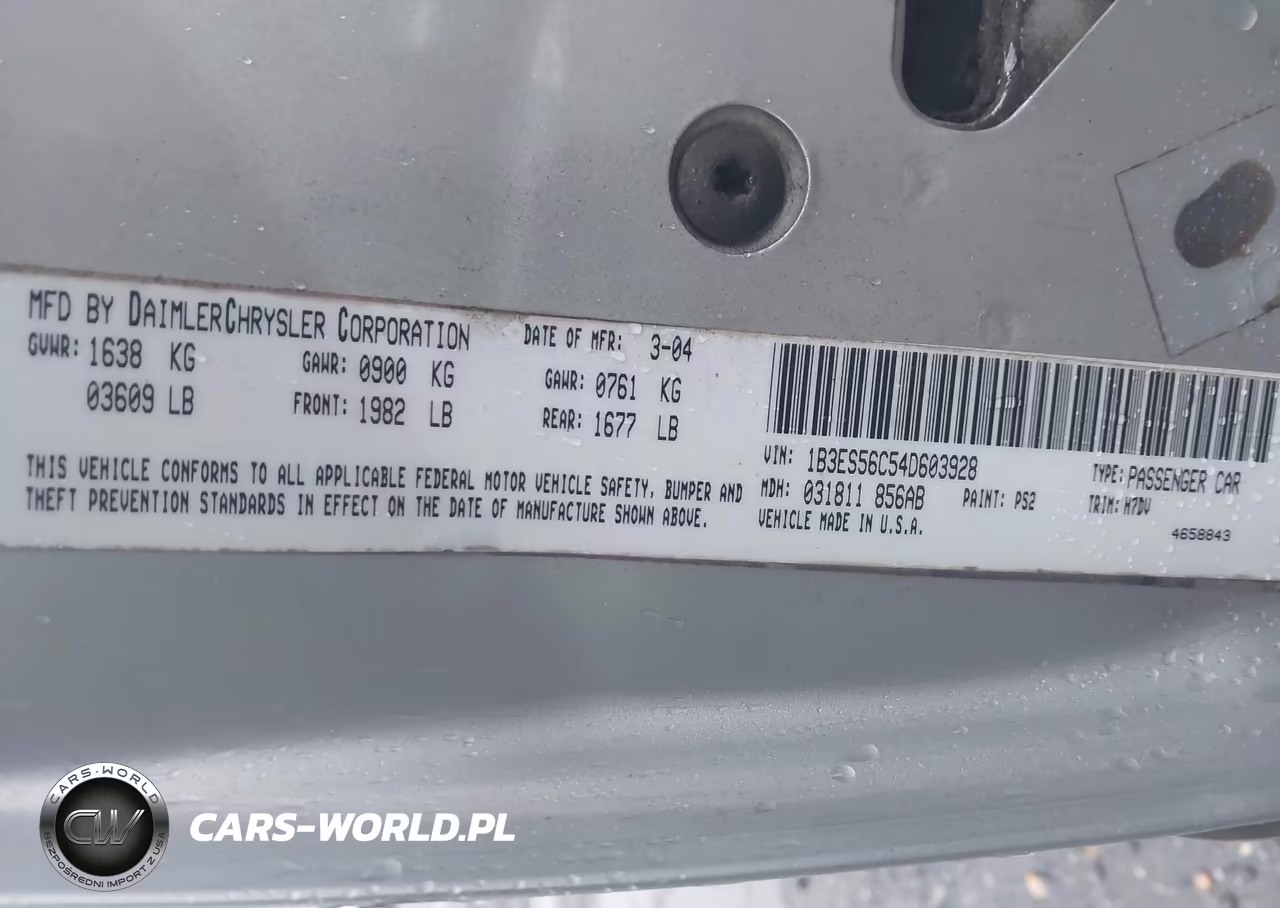 2004 Dodge Neon Sxt VIN:1B3ES56C54D603928 - 9