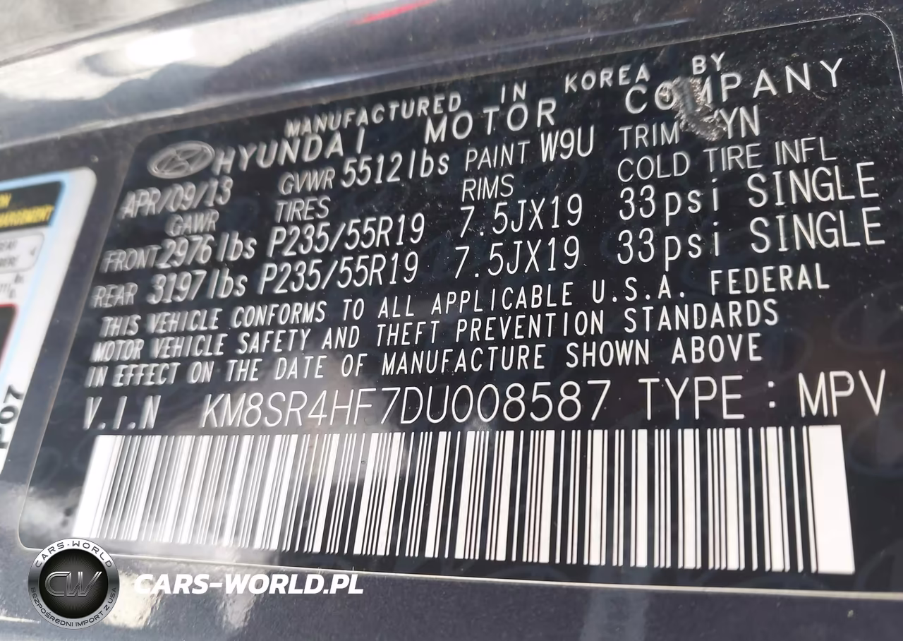 2013 Hyundai Santa Fe Limited VIN:KM8SR4HF7DU008587 - 9